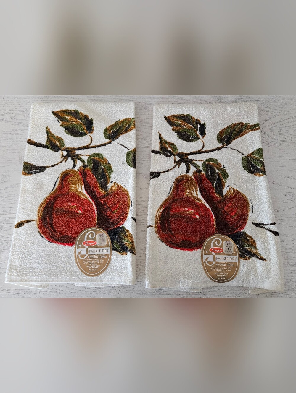NWT Vintage Sayco Sparkle-Dri Retro Pears Kitchen Towel Set Of 2